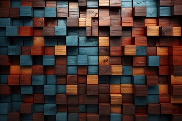 Poster - A creative and artistic wall made of wooden blocks in various vibrant colors, showcasing a spectrum of hues and shades in an imaginative design
