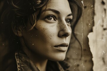 Poster - This black and white photo captures the essence of a woman with freckled hair, showcasing the unique contrast in her features