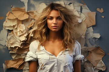Poster - A mysterious woman stands contemplatively in front of a wall plastered with layers of papers, creating a collage of colors, textures, and messages