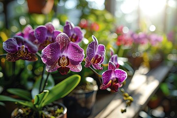 Poster - A vibrant group of purple orchids are flourishing in pots placed on a sunlit window sill. The delicate flowers stand out against the backdrop, displaying their vibrant colors and intricate petals