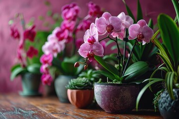 Canvas Print - A peaceful arrangement of various potted plants neatly aligned on a weathered wooden table, creating a charming and natural display in a serene outdoor setting