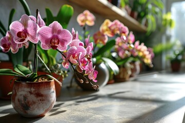 Aufkleber - row of vibrant potted orchids displayed on a table, showcasing their delicate beauty and elegance