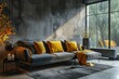 Modern cozy sofa and concrete wall in living room interior, modern design, mock up furniture decorative interior, 3d rendering