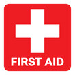 © stefanbalaz - First aid sign, health cross medical symbol, medicine emergency illustration icon, safety design. Red square and white cross symbol with FIRST AID text below, vector illustration islated on white.