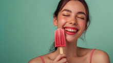  Photo Of Pleased Afro American Woman Stands With Closed Eyes Holds Ice Creams Near Face Dressed In Casual Wear Isolated On Green Background. Teenage Girl Goes Out With Friends During Summer Time