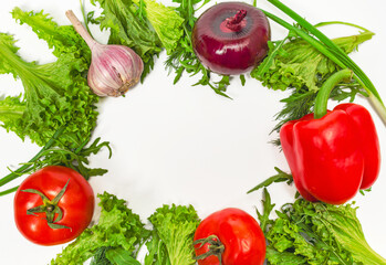 Wall Mural - Wreath of organic colorful fresh bright vegetables on white background, top view. Copy space.