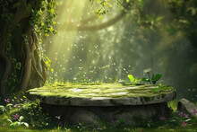 Fantasy Forest With Green Grass And Flowerbed