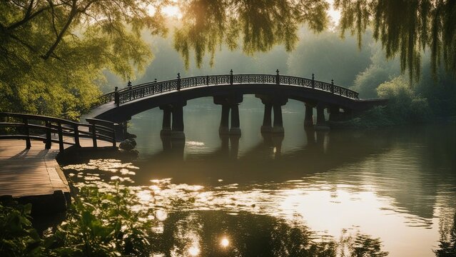 bridge over river nature park scenery in spring, Hangzhou, Xihu lake,   plants and water with bridge  