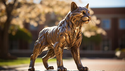 Poster - A cute tiger walking in the grass, looking at a statue generated by AI