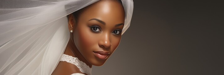 Sticker - Beautiful young African American bride in a white wedding dress and veil, banner