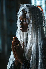 Wall Mural - Wedding of a beautiful Black woman in a sacred temple. The girl prays.