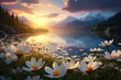 Beautiful summer landscape with mountain lake and camomile flowers