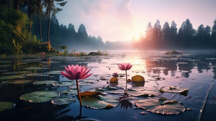 Lotus flower blooming on the lake in the morning with fog