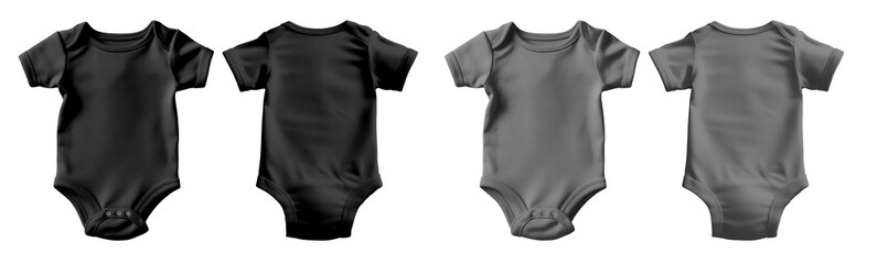 2 Set of black and dark grey gray, infant baby Bodysuit romper playsuit jumpsuit creepers, front, back view on transparent background cutout, PNG file. Mockup template for artwork graphic design.