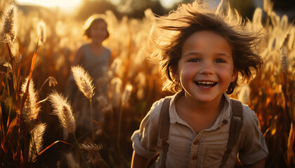 Canvas Print - Smiling child enjoys playful sunset in nature carefree meadow generated by AI