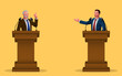 Vector illustration depicting two individuals engaged in a spirited debate on a podium, symbolizing the essence of dialogue, differing perspectives, and the vibrant exchange of ideas