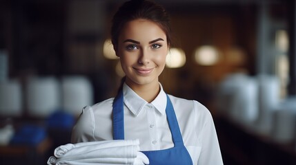 Wall Mural - A beautiful woman wearing a blue uniform and white apron is staring at you while holding a stack of fresh white towels while working in a hotel.