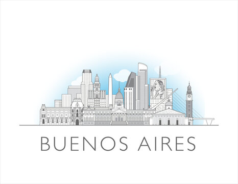 Buenos Aires, Argentina cityscape line art style vector illustration in black and white