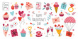 Valentine's day vector hand drawn elements set. Gift, heart, balloon, envelope, desserts, floral bouquets, candy and others other decorations. Cartoon style. Perfect for stickers and greeting cards.