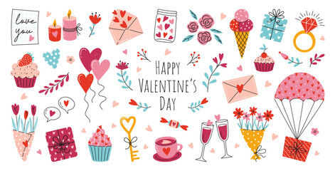 Wall Mural - Valentine's day vector hand drawn elements set. Gift, heart, balloon, envelope, desserts, floral bouquets, candy and others other decorations. Cartoon style. Perfect for stickers and greeting cards.