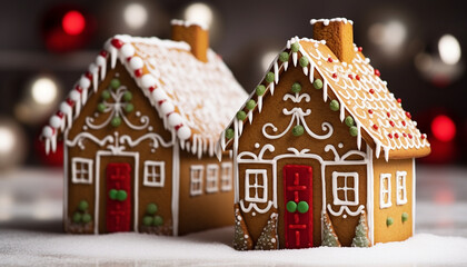 Canvas Print - Homemade gingerbread cookies decorate the snowy winter table generated by AI