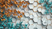 3D Mural With White Lattice Tiles, Wooden Oak Background, Tree With Turquoise, Blue, Brown Leaves, Chamfered Hexagons In Scratched Gold Metal, Simple Floral Background. High-quality Texture.