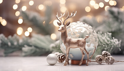 Poster - Winter celebration, deer gift, snow tree, illuminated decor generated by AI