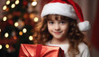 Smiling child holds gift, celebrating with cheerful joy generated by AI