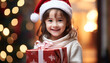 Smiling child holds Christmas present, surrounded by decorations generated by AI