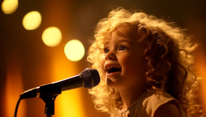 Poster - Cute girl singing on stage, curly hair, joyful performer generated by AI