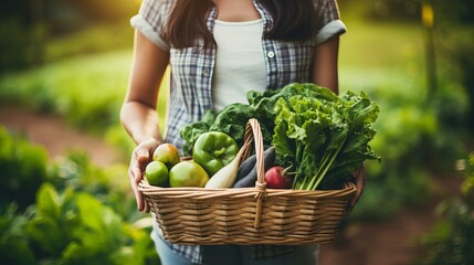 At sunrise on the farm, a female farmer holds a wooden basket filled with fresh vegetables and tablets.