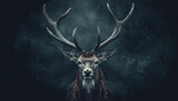 Fototapeta  - Majestic stag stands in snowy forest, looking at camera tranquilly generated by AI