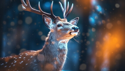 Poster - A cute deer in the winter forest, snowing, looking at you generated by AI