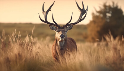 Canvas Print - A majestic stag grazes in the meadow, surrounded by nature generated by AI