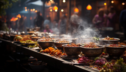 Wall Mural - Traditional festival celebrates East Asian culture with gourmet meals cooked outdoors generated by AI