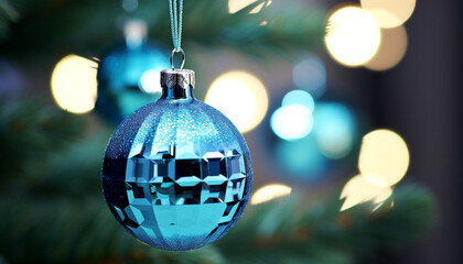 Poster - Shiny Christmas ornament hanging on glowing Christmas tree generated by AI