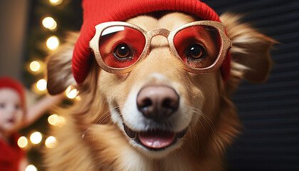 Canvas Print - Cute dog wearing sunglasses, looking at camera generated by AI