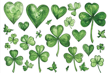 Wall Mural - Hand drawn watercolor shamrock four leaf clover collection