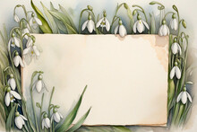 Background In Watercolor In The Form Of A Frame Of Snowdrops