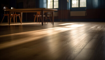 Poster - Modern design, empty room, dark wood table, bright window, elegant chair generated by AI