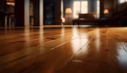 Poster - Wooden flooring adds elegance to the modern, empty living room generated by AI