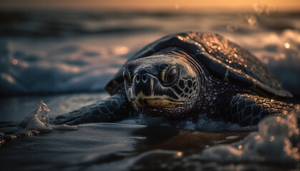 Poster - A cute turtle swimming in the tranquil blue underwater world generated by AI