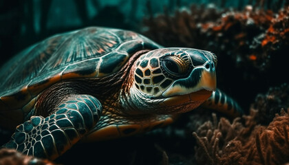 Poster - A beautiful sea turtle swimming in the colorful coral reef generated by AI