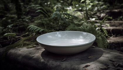 Wall Mural - Fresh green leaves on a wooden bowl in a forest generated by AI