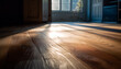 Bright sunlight fills the empty room, highlighting the striped hardwood flooring generated by AI