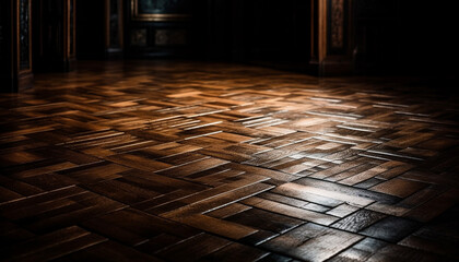 Sticker - Wooden flooring in a dark room, modern design, ancient elegance generated by AI