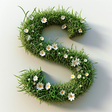 The letter s is made of grass and daisies