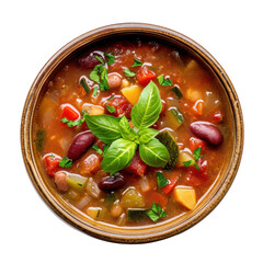 Wall Mural - Minestrone in a brown bowl, top view, transparent or isolated on white background