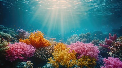 Wall Mural - Marine Ecosystem, Coral Reefs Affected by Microplastics, Underwater Shot, Serene, Natural Underwater Light, Vibrant Corals