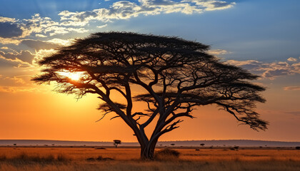 Canvas Print - Silhouette of acacia tree in African sunset generated by AI